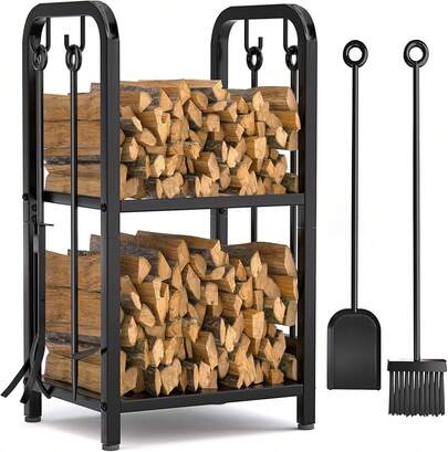 Vailge Firewood Rack Indoor With 4 Pieces Long&Detachable Fireplace Tools, Heavy Duty Steel 2-Tier Firewood Holder Storage, Log Rack For For Fireplace, Fire Pit, Wood Stove Black