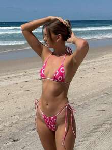 Set di bikini da donna con stampa floreale, top con collo alla halter sexy, regolabile, slip a triangolo con lacci laterali, adatto per vacanze al mare, San Valentino - Fucsia - Visualizzare 6