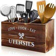 1 Brown Utensil Holder, Kitchen Utensil Rack, Storage Rack With 3 Compartments, Rustic Farmhouse-Style Wooden Cutlery Organizer For Kitchen Countertops, Ideal For Sorting And Storing Knives, Forks, Spoons, Spatulas, And Other Kitchen Tools. Kitchen Utensil Organizer, Wooden Compartmentalized Storage Box, Wall-Mounted Kitchen Organizer, Multi-Section Sorting, Miscellaneous Storage Box, Desktop Organizer, Solid Wood Construction, Kitchen Essentials, Kitchen Must-Haves, Kitchen Storage Solutions, Kitchen Organization. - 彩色 - 查看 13