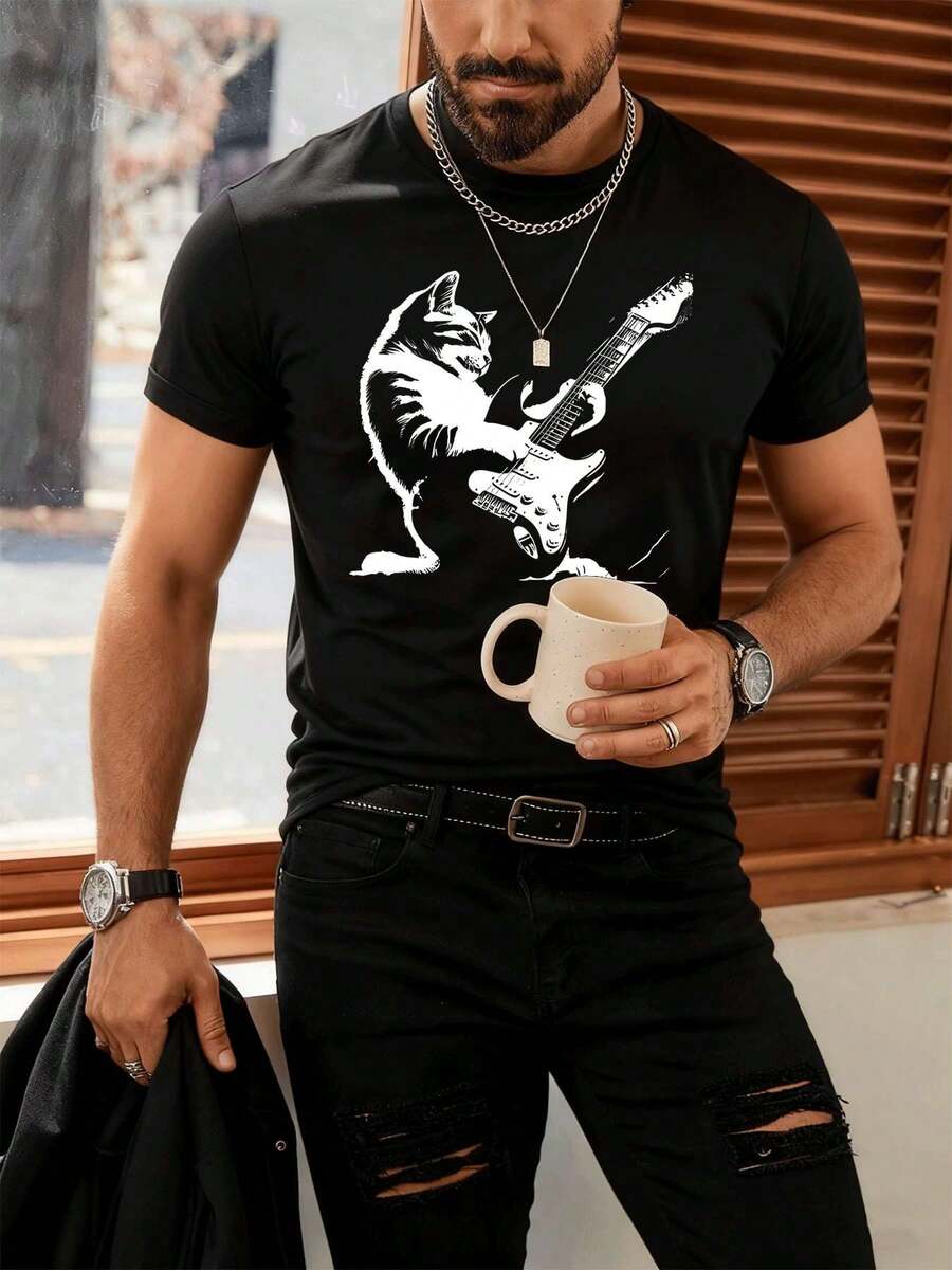 TAGLIE FORTI Maglietta grafica con gatto chitarrista, 100% cotone, vestibilità comoda, traspirante, casual, design grafico