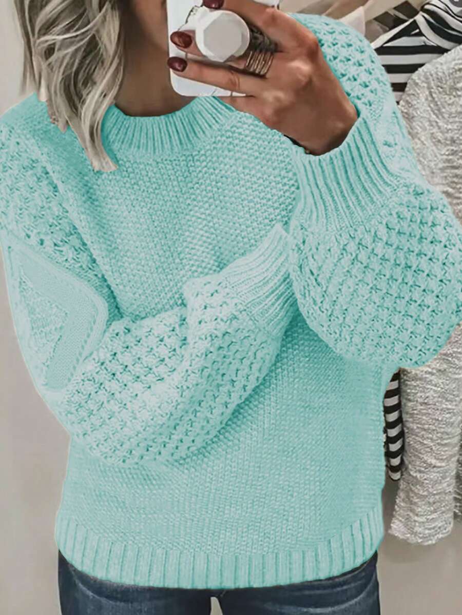 Pull femme décontracté col ras-du-cou manches longues couleur unie, automne/hiver - Vert - Voir 1