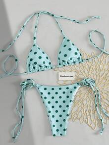 Bộ bikini Xinshengyuan 2026 2 món/set dành cho Tết Dương lịch và Lễ Tình nhân, kiểu dáng gợi cảm, dễ thương, màu xanh ngọc chấm bi, dây buộc cổ tam giác hai bên, chất liệu co giãn vừa phải, phong cách Âu Mỹ, quần bơi nữ kiểu buộc dây bên hông, thích hợp cho kỳ nghỉ biển và hồ bơi, tiệc biển, trang phục đi biển mùa hè, đồ bơi mùa xuân mùa đông. - Nhiều màu - Xem 3