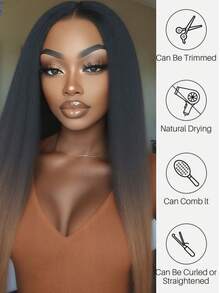 黑色Yaki直发合成蕾丝前假发，13x4蕾丝前假发，适合渐变染发，预挤压成型，24英寸自然色 - 間色 - 查看 6