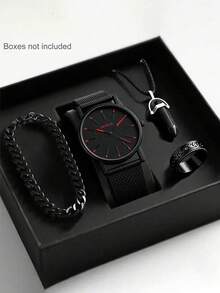 4pcs/Set Men's Fashion Business Casual Quartz Watch With Pointer, Includes Stylish Bracelet, Necklace Pendant And Ring Set, Suitable For Men's Daily Wear, School, Gatherings, Travel, Birthday, Graduation, Christmas Gift - Multicolor - View 1