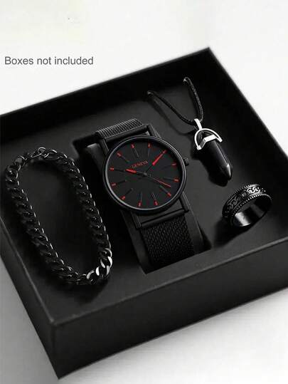 Set de 4 piezas de reloj de cuarzo de moda casual para hombres con manecillas, incluye pulsera elegante, colgante de collar y juego de anillos, adecuado para uso diario, escuela, reuniones, viajes, cumpleaños, graduación, regalo de Navidad