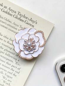 1pc Metal & Pearl Flower Decor Luxury Desk Slouchy Phone Holder, Extendable Phone Stand Compatible With IPhone, Android Phone, Gift For Birthday, Family, Friends Gifts Birthday Push-Pull Phone Grip - Multicolor - View 6