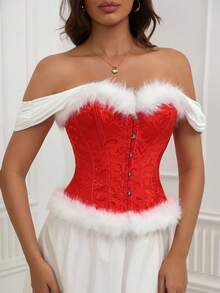 New Palace Style Off-Shoulder Fishbone Shapewear, Front Chest & Hem Fluffy Trim, Red & White Christmas Top - Red and White - View 5