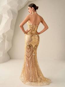 Astony One 优雅奢华金色晚礼服，性感露背设计，修身剪裁，闪亮亮片和珍珠刺绣点缀，飘逸雪纺美人鱼裙摆，是狂欢节、新年、奢华晚宴、情人节、生日派对、订婚、品牌活动、毕业典礼、红毯场合的理想之选。 - 金色 - 查看 4