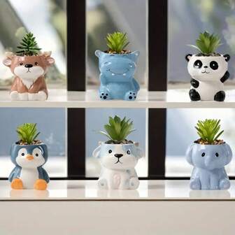 2 st keramiska tecknade djurblomkrukor med dräneringshål, söta tecknade suckulenta krukor, kreativa trädgårdsdekorationer på skrivbordet