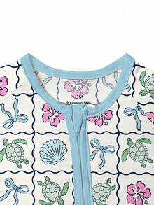 Baby Bamboo Fiber Zip-Up, Sea Turtle Flower Shell Blue Print Romper, All-Season Knit Fabric Skinny Fit With Zipper Detail, Baby Gril Clothes, Perfect For Outdoor - 淺藍色 - 查看 3