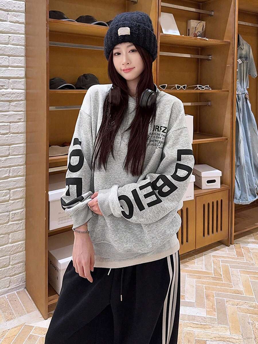 Women's Loose Design Print Warm Sweatshirt Tops, Korean Style, Winter - Grey - View 1