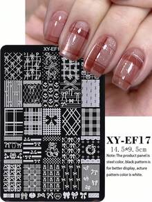 1pc Geometric Line Grid Nail Art Stamping Plate, Elegant Bow & Cherry Pattern Steel Nail Art Template, DIY Printing Nail Art Tool Accessory, Nail Art Supplies - Silver - View 2
