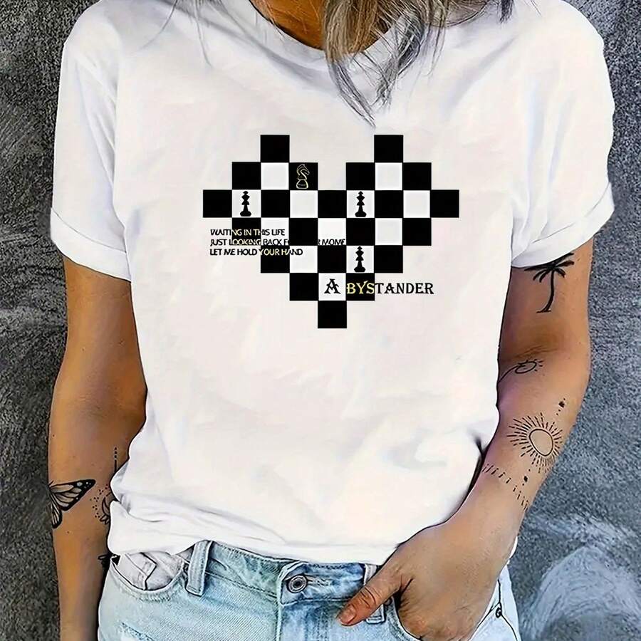 Camiseta informal de manga corta para mujer con estampado de ajedrez a cuadros con corazones, frase inspiradora, cuello redondo, lavable, ideal para el verano y uso diario.jpg220g WoM-en's 100% Cotton T-Shirt - Feminine and Comfortable FiT-Suitable for all people, whether woM-en or M-enhigh-quality durable fabric suitable for all seans,ft to the touch but built to lastBreathabletops woM.en fall outfiT.S for woM.en vaC.Ation outfiT.S woM.en halloween costume - Blanco - Ver 1