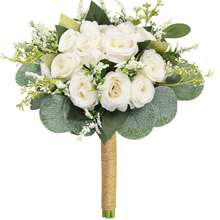 باقات زفاف للعروس والوصيفات، باقة بيضاء عاجية من الورود الحريرية الاصطناعية مع أوراق الأوكالبتوس لديكور الكنيسة والزفاف، باقات الزهور الاصطناعية لديكور حفل الزفاف والخطوبة وحفلات الزفاف وعيد الحب وتزيين طاولات الطعام - بيج - مشاهدة 1