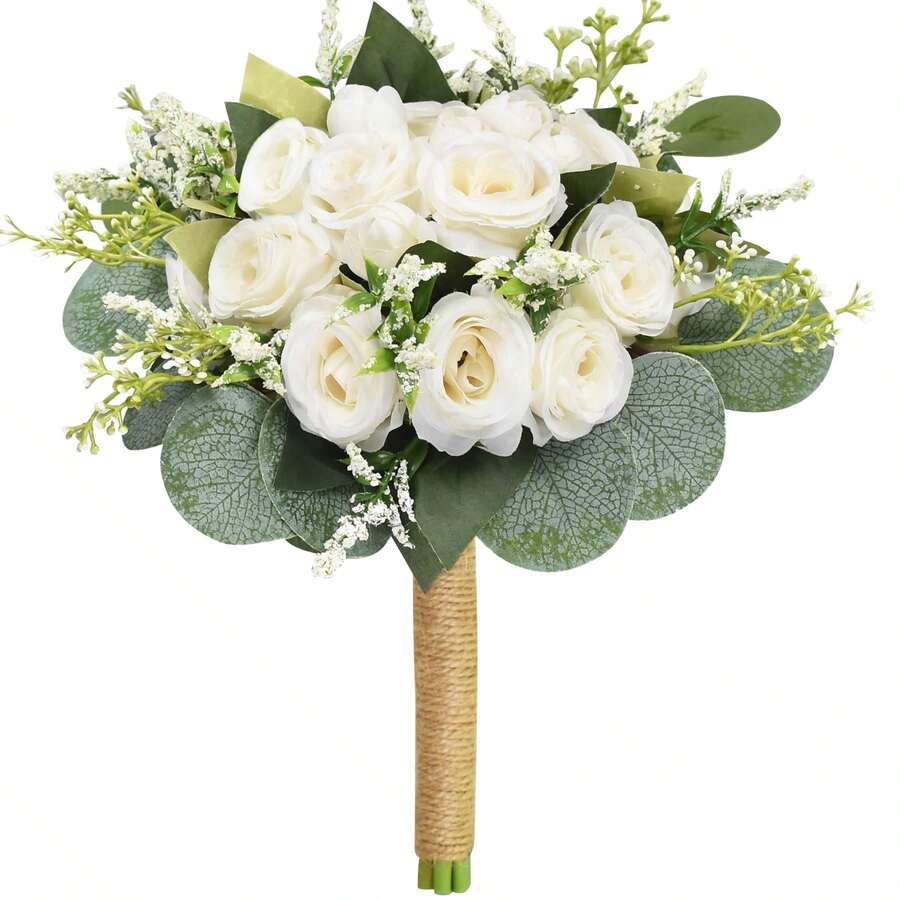 باقات زفاف للعروس والوصيفات، باقة بيضاء عاجية من الورود الحريرية الاصطناعية مع أوراق الأوكالبتوس لديكور الكنيسة والزفاف، باقات الزهور الاصطناعية لديكور حفل الزفاف والخطوبة وحفلات الزفاف وعيد الحب وتزيين طاولات الطعام - بيج - مشاهدة 1