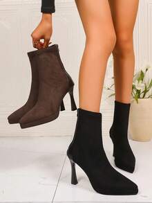 Women's Pointed Toe Stiletto Ankle Boots, Pointed Toe Stiletto Design, Pointed Mid-Calf Zipper Decor, Stiletto High Heel, Pointed Toe Modern Ankle Boots, Fashion Commuter Style, Suitable For Women's Daily Work And Party Wear In Autumn/Winter, Suede Material, Fashionable Pointed Toe Stiletto Ankle Boots - Black - View 4