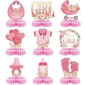 9件套粉色婴儿洗礼装饰道具，蜂窝状装饰，适合女孩，花卉“It's A Girl”性别揭晓桌面中心装饰，女婴怀孕公告桌面装饰，蜂窝状装饰，优雅派对用品，精致花卉设计，轻巧中心装饰，派对餐桌装饰，婴儿派对策划，活动策划，女孩房装饰，送给她的礼物