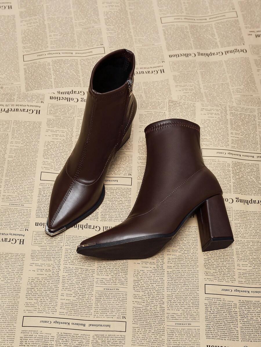 2025 New Autumn/Winter Pointed Toe Chunky Heel High-End Stylish Ankle Boots For Women, Chic French Slim Ankle Boots - Brown - View 1