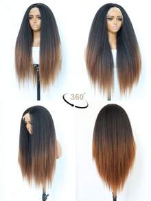 黑色Yaki直发合成蕾丝前假发，13x4蕾丝前假发，适合渐变染发，预挤压成型，24英寸自然色 - 間色 - 查看 7