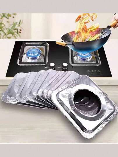 10/20pcs Thickened Disposable Aluminum Foil Gas Stove Oil Splash Guard, Square High-Temperature Resistant Gas Stove Waterproof Oil Cover, Kitchen Stove Cleaning Mat, Gas Stove Oil-Proof Mat, Tin Paper Ring Gas Stove Aluminum Foil