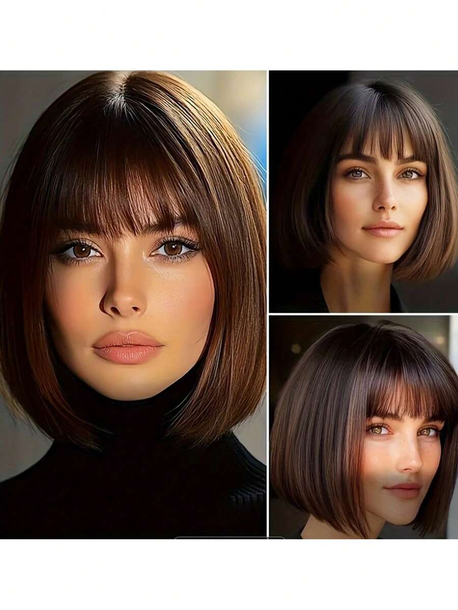 Perucă bob maro închis de 35 cm cu breton, perucă sintetică maro rezistentă la căldură, aspect natural, potrivită pentru purtare zilnică de către femei, petreceri și cosplay. (Vă rugăm să rețineți metodele de purtare și întreținere. Din cauza iluminării și unghiului în timpul fotografierii, culoarea reală a produsului poate diferi ușor de cea din imagine.)