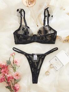 性感薄纱梅花图案拼接女士文胸内裤套装 - 黑色 - 查看 3