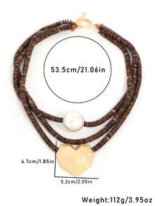 复古多层串珠项链，金属心形和仿珍珠吊坠，别致设计，波西米亚风个性配饰 - 棕色 - 查看 5