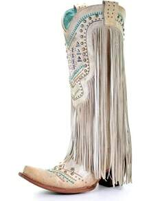 LISHAN Women's Western Cowboy Cowgirl Boots Fringed Tassel Block Heels Embroidered Calf High BootsChristmas - Màu be - Xem 1