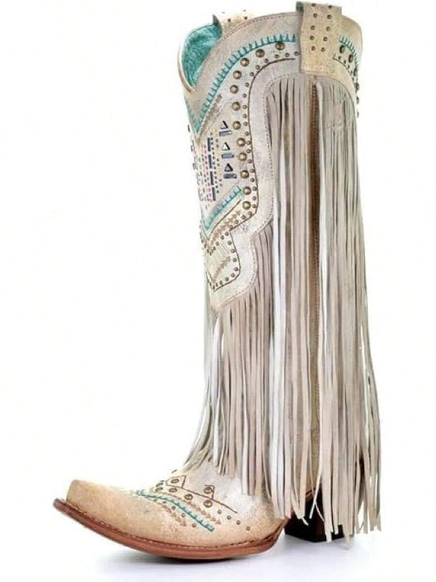 LISHAN Women's Western Cowboy Cowgirl Boots Fringed Tassel Block Heels Embroidered Calf High BootsChristmas - Màu be - Xem 1