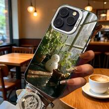 Cubierta de telefono transparente con borde blanco diseño de muñeco de nieve y plantas para iPhone uso diario en cafeterias - Negro - Ver 6