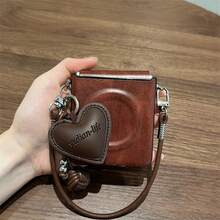 奢华棕色磁吸无线充电手机壳，配心形吊坠和皮绳，兼容三星 Galaxy ZFlip7、ZFlip6、ZFlip 5，防震后盖 - 棕 - 查看 2