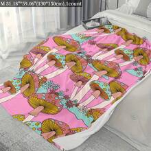 Contemporary Mushroom Pattern Flannel Throw Blanket - Soft Warm Knitted Polyester Throw For Sofa, Napping, Travel, Home Decor - All-Season Cozy Blanket For Festive Gifts And Camping, Soft Flannel Blanket - Multiple Sizes, Cozy Must-Have - 彩色 - 查看 6