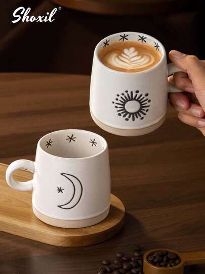 shoxil 1PC Ceramic Mug, Coarse Ceramic Coffee Cup, Moon Patterned Coffee Cup, Coffee Cup With Handle, Sun Patterned Coffee Cup, For Family, Coffee Shop, Ramadan, Eid Al Adha