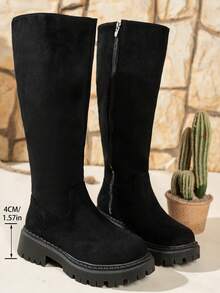 2025秋冬新款女士纯色侧拉链厚底粗跟休闲高筒靴，适合日常休闲穿着 - 黑色 - 查看 4