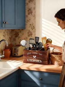 1 Brown Utensil Holder, Kitchen Utensil Rack, Storage Rack With 3 Compartments, Rustic Farmhouse-Style Wooden Cutlery Organizer For Kitchen Countertops, Ideal For Sorting And Storing Knives, Forks, Spoons, Spatulas, And Other Kitchen Tools. Kitchen Utensil Organizer, Wooden Compartmentalized Storage Box, Wall-Mounted Kitchen Organizer, Multi-Section Sorting, Miscellaneous Storage Box, Desktop Organizer, Solid Wood Construction, Kitchen Essentials, Kitchen Must-Haves, Kitchen Storage Solutions, Kitchen Organization. - 彩色 - 查看 10