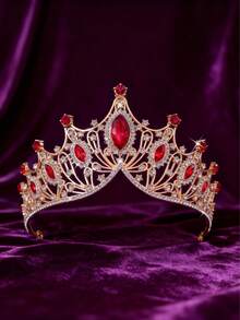 4件套巴洛克红钻皇冠首饰套装 - 水晶皇冠 + 镂空水钻项链和耳环套装，女王级新娘、婚礼、宴会配饰