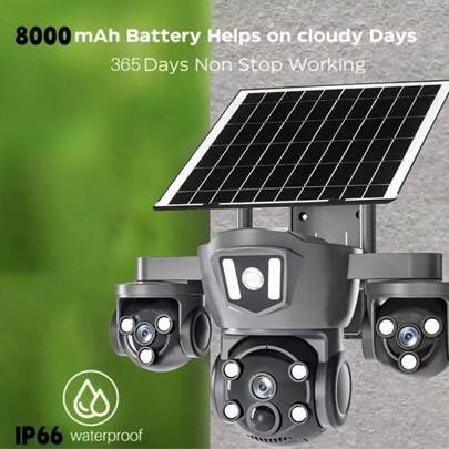 4K/8MP Solar-Powered Outdoor Surveillance Camera, Color Night Vision, Triple-Lens 355° Rotating PTZ Camera, Motion Detection Alarm, Two-Way Intercom, 2.4G WiFi, TF/Cloud Storage, Suitable For Commercial Locations, Courtyards, Barns, Easy Installation.
