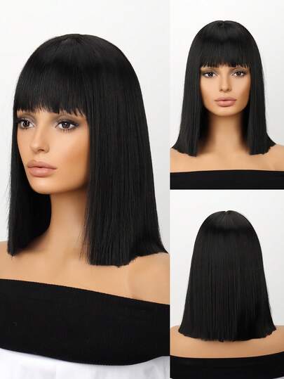 Black Bob Wig With Bangs, Short Black Wig For Women Straight Bob Wigs Heat Resistant Synthetic Wig Mia Wallace Cleopatra Cospaly Daily Party Use