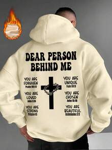 男士休闲街头连帽衫，印有英文标语和十字架图案，秋冬款 - 杏色 - 查看 3