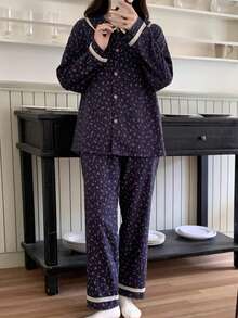 2pcs Women Pajama Set, Floral Print Crew Neck Long Sleeve Top And Floral Print Long Pants, Cute Cartoon Minimalist Style, Comfortable For Home & Leisure, Suitable For Spring, Autumn, Winter