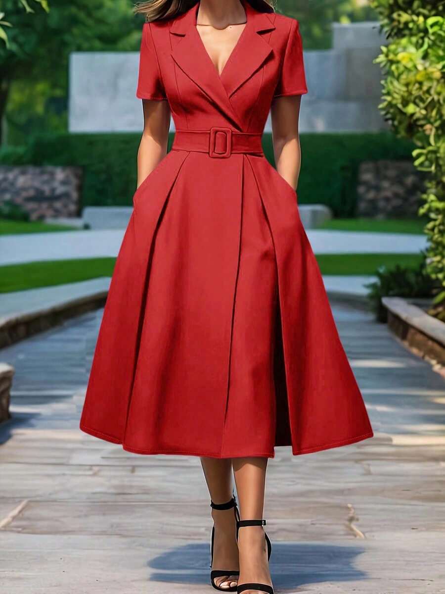 Elegant Minimalist Chic Short Sleeve A-Line Dress With Collared Neck And Matching Waist Belt, Suitable For Commuting, Weddings, Events, Formal Occasions, Vacations, And Graduations