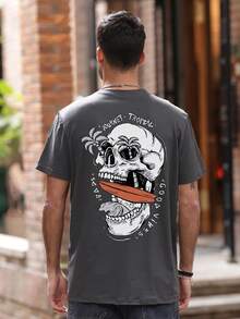 Men's Letter & Skull Graphic Round Neck Short Sleeve Casual T-Shirt, Summer, For Halloween