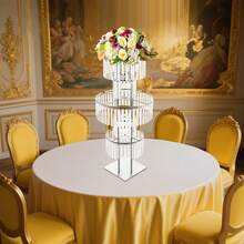 43.3in Tall Wedding Gold Crystal Flower Stand, Square Pedestal Stand, Crystal Flower Rack, Silver Vases Centerpieces Crystal Flower Stand With Hanging Crystals, 5-Tier Square Chandelier Pedestal Stand For Wedding Road Lead T Stage Flower Arrangement Decoration - 銀色 - 查看 5