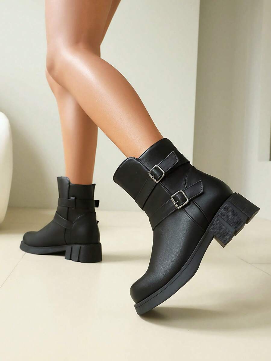 女士踝靴，欧美风，新款时尚百搭舒适真皮靴，防水，粗跟，休闲，保暖，轻便，柔软皮革，软底，踝靴，女士时尚靴 - 黑色 - 查看 1