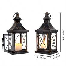Set Of 2 Decorative Candle Lantern 27 Cm High Metal Candle Holder Hanging Lantern Perfect For Home Decor Halloween Living Room Parties Events Tabletop Indoors Outdoors Black With Gold Brush - Black - View 3