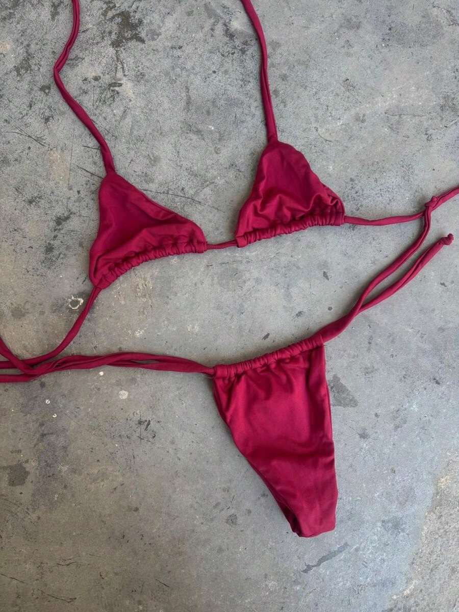 Adjustable Triangle Bikini With UV Protection, Stylish Tie-Up Style, Beach, And Vacation Details. - Burgundy - View 1