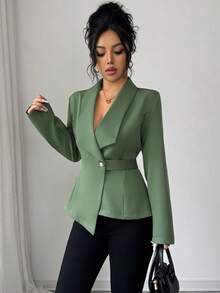 Solid Color Pocket Button Asymmetrical Office Women Coats - Army Green - View 1