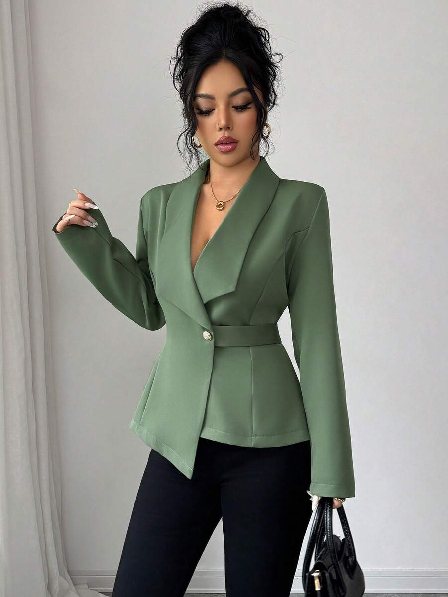 Solid Color Pocket Button Asymmetrical Office Women Coats - Army Green - View 1