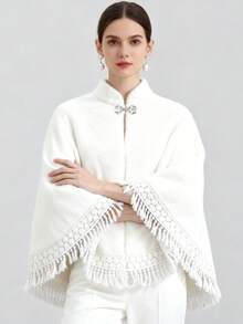 1 قطعة شال عروس جديد من الفرو الاصطناعي، كارديجان قصير أبيض الشراشيب، معطف صيني أنيق دافئ للموسم الخريفي/الشتوي للمرأة البدينة