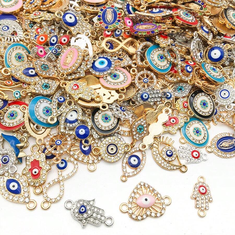 1包邪眼饰品配件，包含各种邪眼连接器、水钻和钻石链环，适用于女士手链、耳环、项链等DIY工艺品。